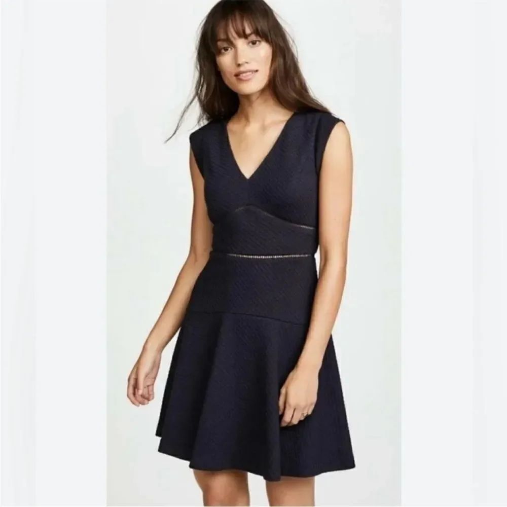 Rebecca Taylor Blue Textured V-Neck Fit & Flare Dress Feminine Contemporary